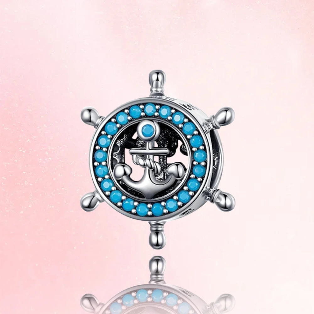

Бусины-шармы из серебра 925 пробы с голубым рулем и якорем подходят к оригинальному браслету ожерелью с подвеской Модные женские ювелирные и...