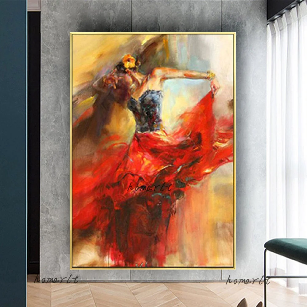 

Hand-Painted Modern Oil Painting On Canvas Red Flamenco Wall Art Dancing Woman Picture Hotel Porch Home Decor Poster Artwork