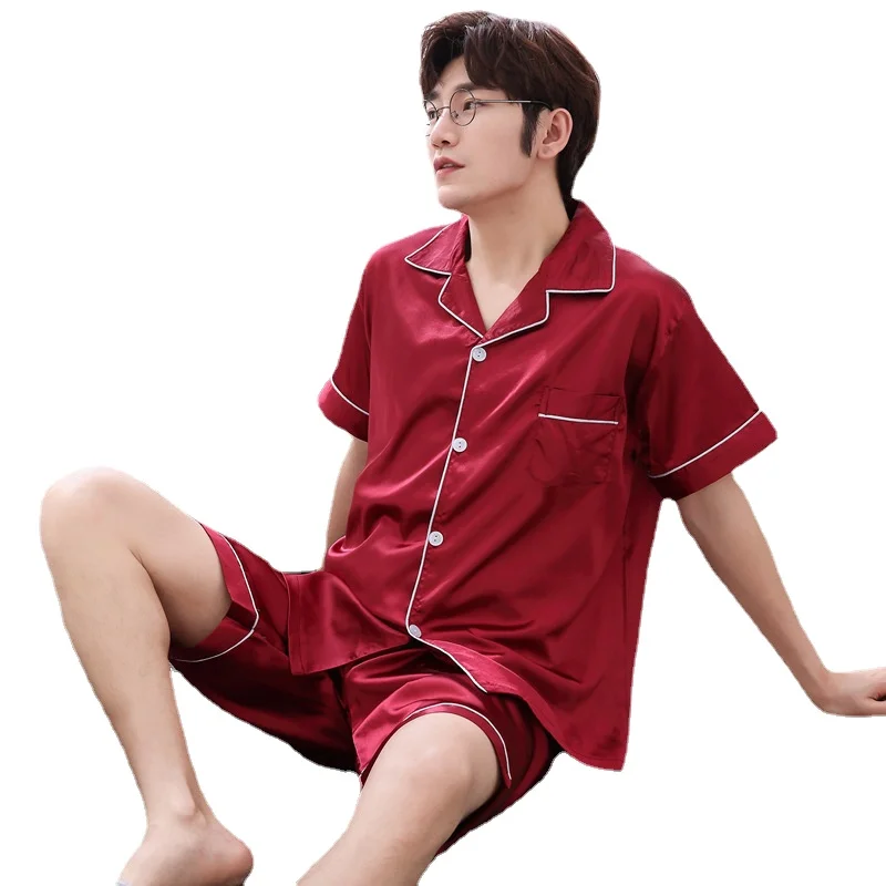 Men's Pajamas Summer Thin Ice Silk Summer Short-Sleeved Shirt and Shorts Artificial Silk plus Size Solid Color Suit