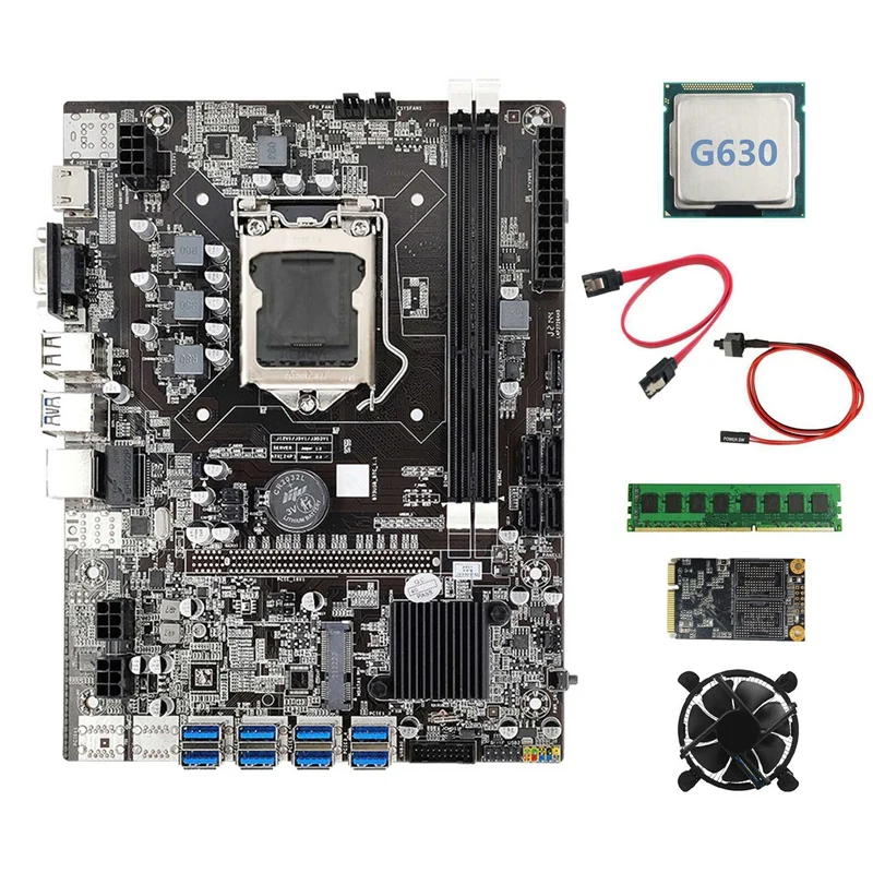 

Материнская плата B75 для майнинга, 8xpcie на USB3.0 + G630 CPU + Fan + DDR3 4 Гб 1600 МГц RAM + 128G SSD + SATA кабель + кабель переключателя