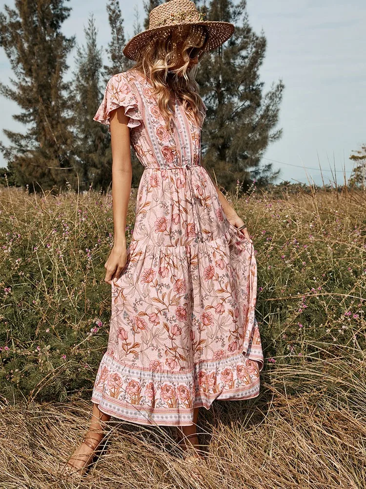 ZQLZ летнее платье в стиле бохо новое розовое с цветочным принтом виде листьев