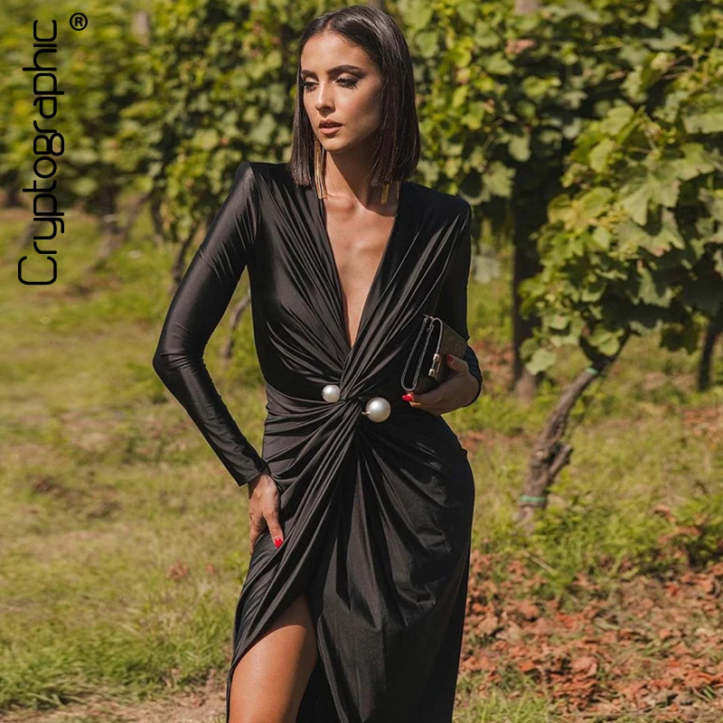 

Cryptographic Fashion Sexy Deep V Neck Maxi Dress Gown Elegant Outfits for Women Party Club Long Sleeve Split Dresses Ruched