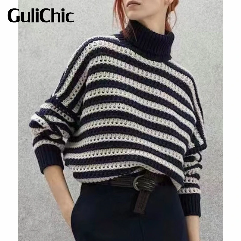

8.31 GuliChic Women Fashion Contrast Color Striped Hollow Out Knitted Turtleneck Long Sleeve Wool Pullover Sweater