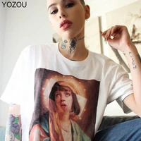 yozou summer cotton black white short sleeve tshirt oversized graphic tee women top female pulp fiction print design vintage
