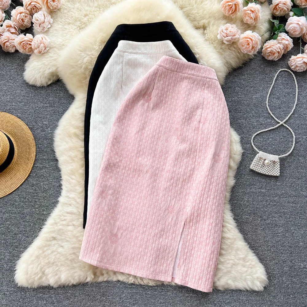

Summer Vintage High Rise Slim Fit Wrap Hip Half Skirt A-line Split Jacquard Design Feel ABG Skirt
