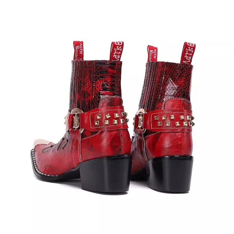 Красные кожаные лоскутные короткие сапоги с острым носком мужские модные