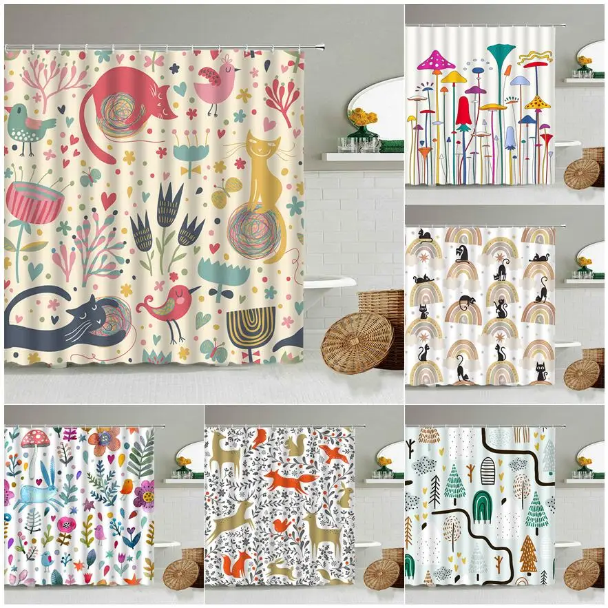 Cartoon Hand-Painted Animal Shower Curtain Cat Bird Rabbit Plant Flower Child Bathroom Decor With Hook Hanging Screen Washable