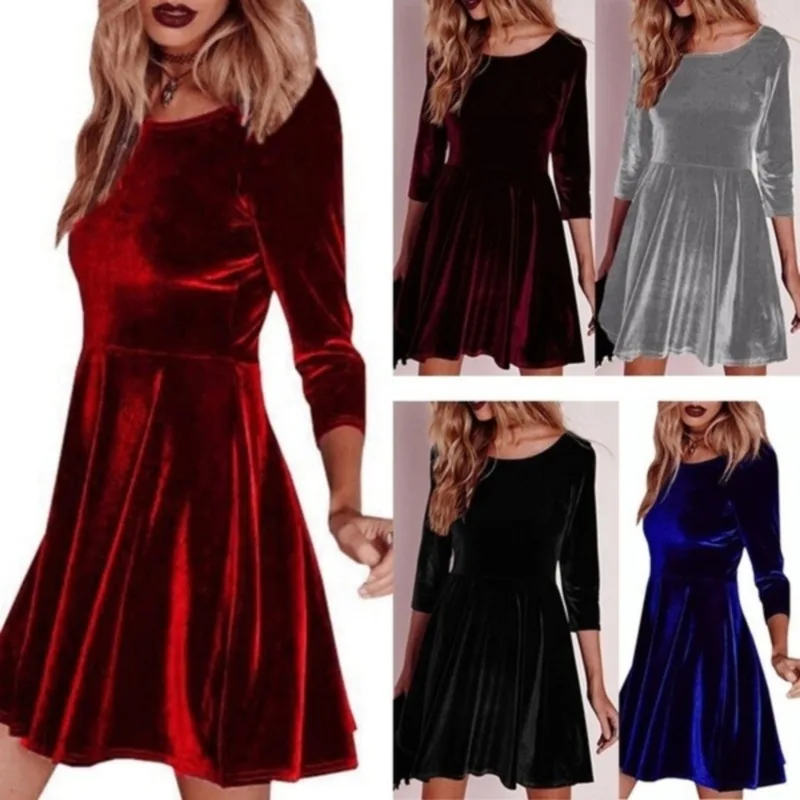

Elegant Women Swing Hem Velvet Dress Autumn Ladies Party Mini Dress Vestidos Velour Dress Long Sleeve Slim Tops Mini Slim Dress