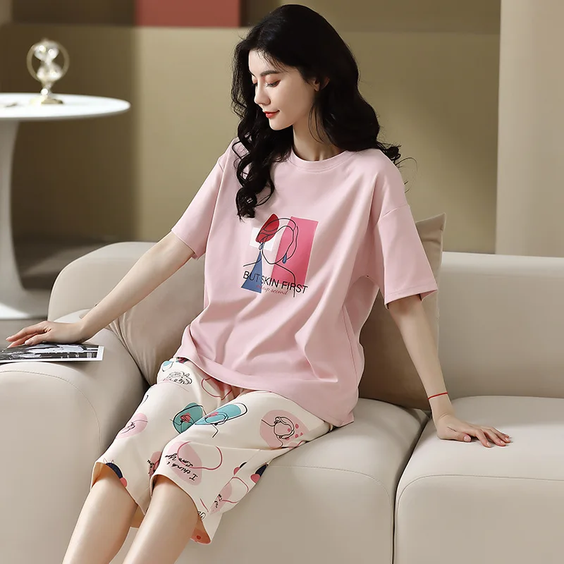 Hot Fashion Cotton Girl Pajamas Set Cute Cartoon Soft Casual Summer Women Homewear Stylish Print Sleepwear