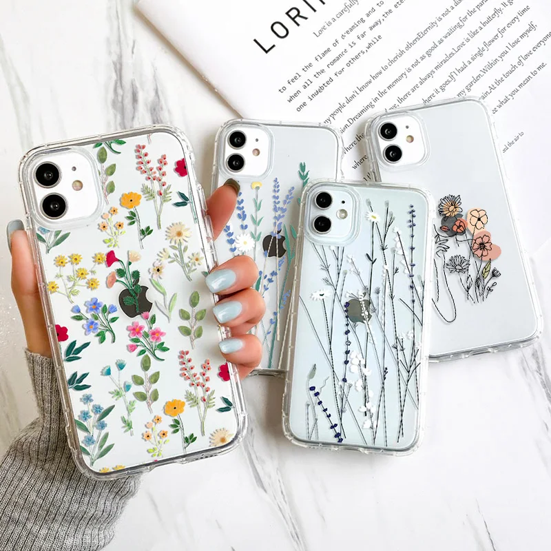 For iphone 11 Case Flower Phone Case For iphone 13 Case Fundas iPhone XR 12 13 14 Pro XS Max  6s Plus Mini SE Transparent Cover 