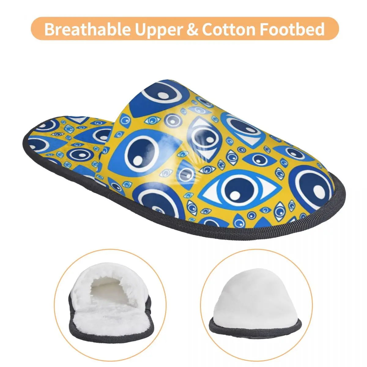 Мягкие домашние тапочки на заказ с рисунком греческого сглаза голубого цвета из