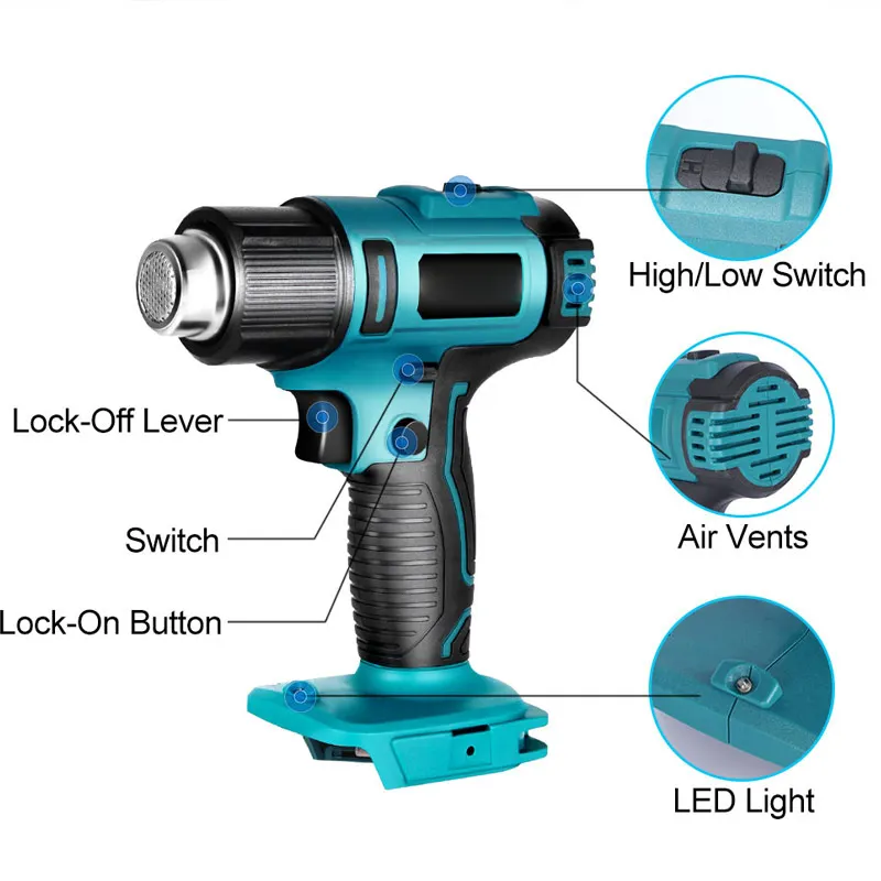 Hot Air Gun with 2 Nozzles Electric Heat for Makita 18V Lithium Battery Power Tool Cordless Handheld Temperatures Adjustable |