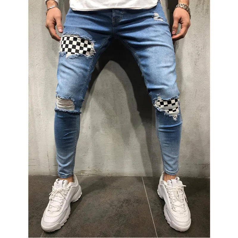 2022 Men's Ripped Skinny Jeans Patchwork Grid Stretch Casual Denim Pencil Pants Man Fashion Painting Jogging Trousers