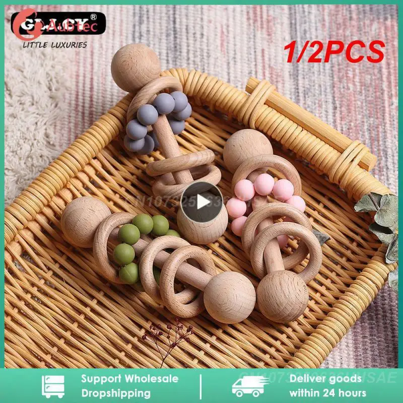 

1/2PCS DESIGN PERSONALISED Wooden Rattle Baby Toy Grasping toy Wooden Silicone Rattle Educational toy Sensory play