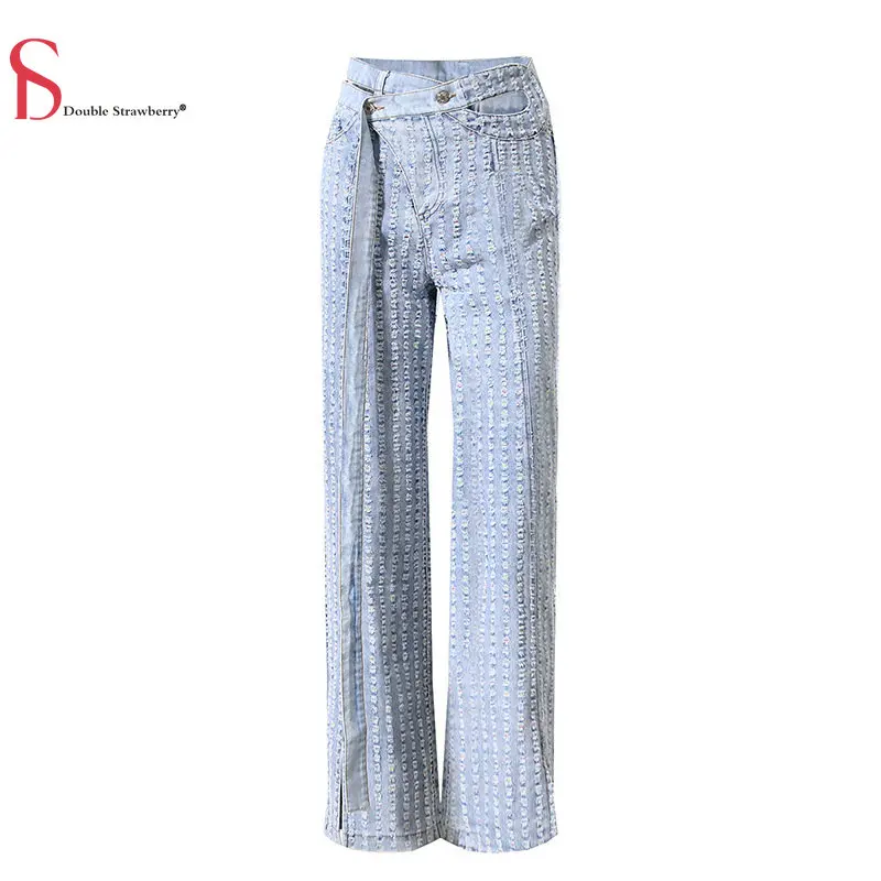 

Denim Pants Women's Asymmetrical Diagonal Waist Front Double Front Perforated Hollow Washed Raw Edge Jeans