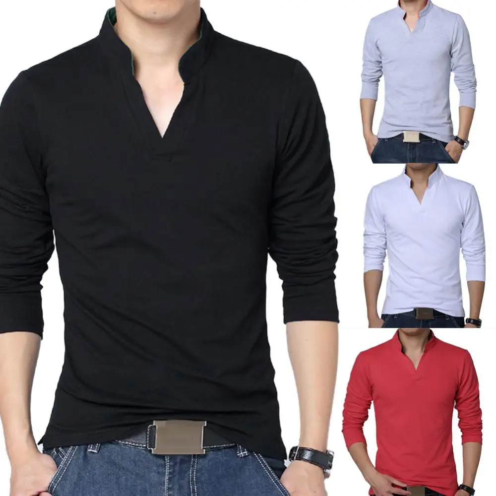 

2023 T-Shirt Men Spring Cotton T Shirt Men Solid Color Tshirt Mandarin Collar Long Sleeve Top Men Brand Slim Fit Tee Shirts