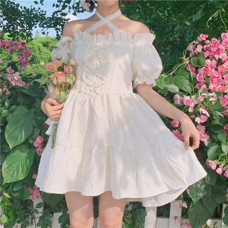 

QWEEK Sweet Kawaii Cute Lolita Dress Women Princess Fairy Elegant Party Short White Dresses Puff Sleeve 2022 Summer Robes Female