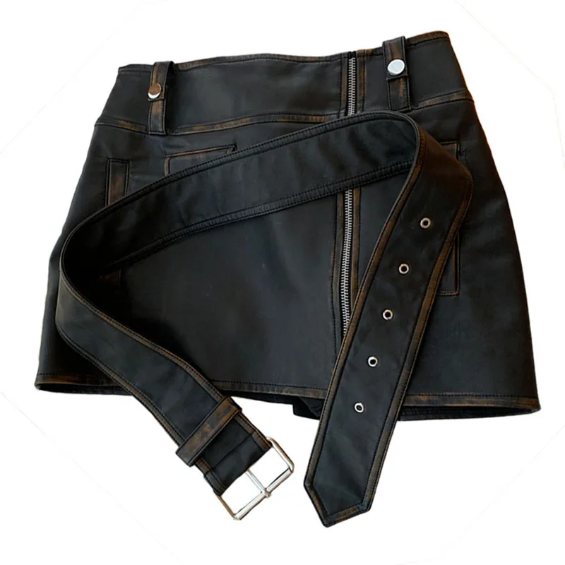 

Женская короткая юбка из коровьей кожи, демисезонная модная уличная мини-юбка с поясом, Y2K, TF5589