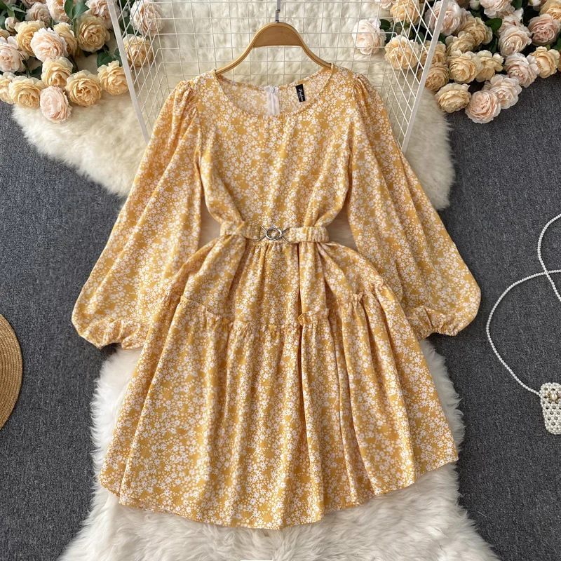 

Casual Women Foamlina Long Sleeve Dress Elegant Ladies Floral Print O-neck Elastic Belted A-line Female Dress Fashion Streetwear