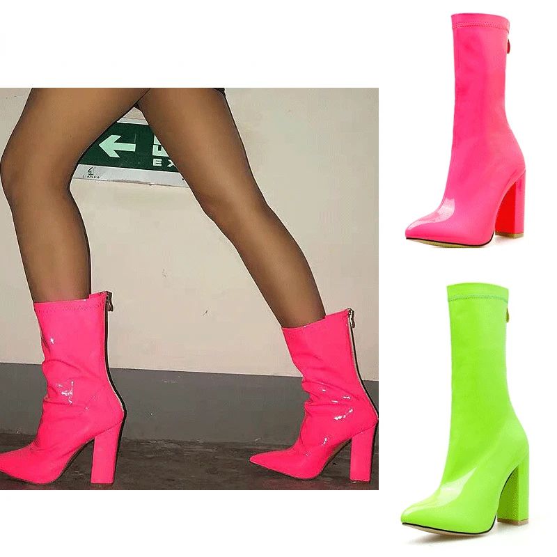 2022 Sexy Fashion Fluorescent Green Red Ankle ZIP Boots High Heels  Women Autumn Chelsea Boots Pointed Toe Women Pumps