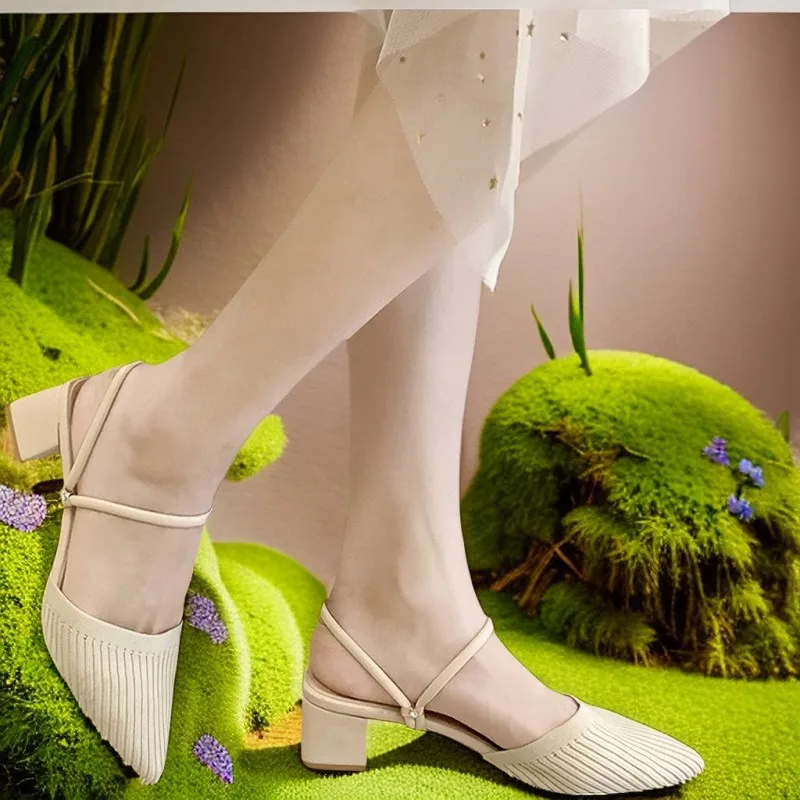 

Women's Slippers 2023 New Two Wear Package Head Knitted High Heeled Sandals Summer Fashion with A Hundred Ladies Half Slippers