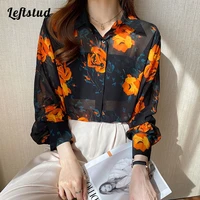 black orange floral print chiffon womens blouse shirt 2022 autumn long sleeve korean fashion fashion female loose blouses top