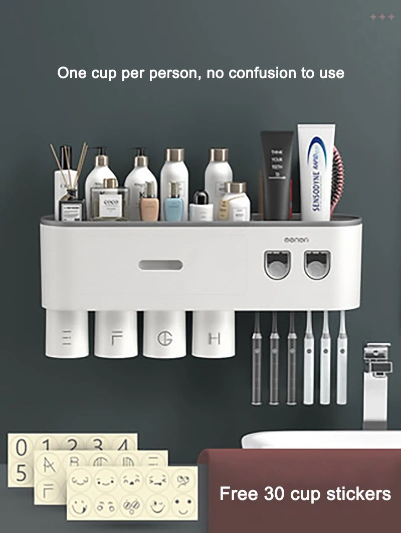 magnetic adsorption inverted toothbrush holder double automatic toothpaste squeezer dispenser storage rack bathroom accessories free global shipping