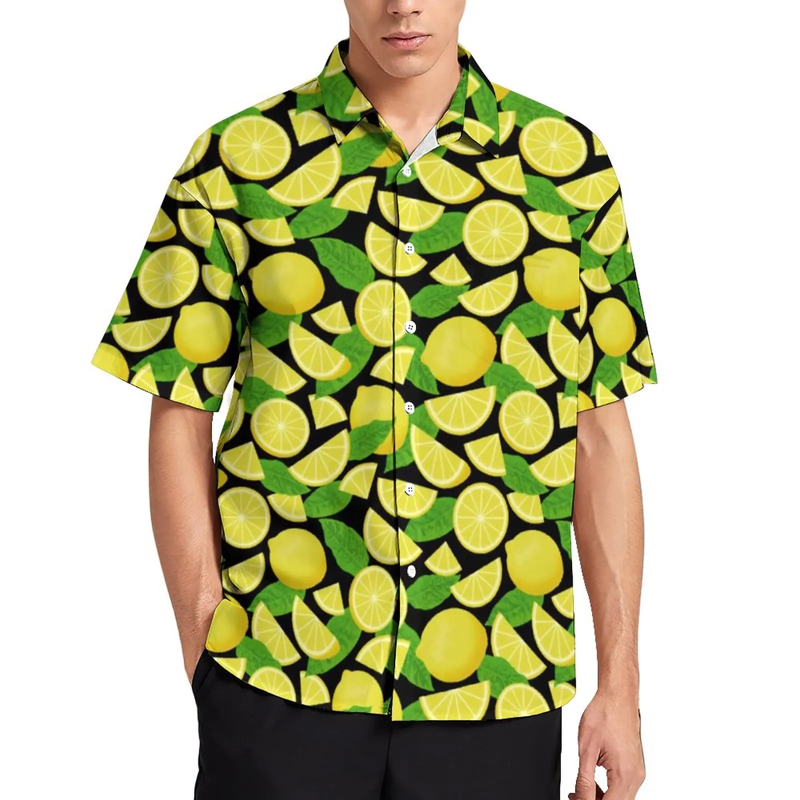 

Yellow Lemon Print Blouses Green Leaf Casual Shirts Hawaiian Short Sleeve Design Aesthetic Oversize Vacation Shirt Birthday Gift