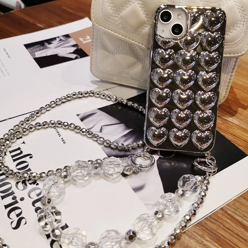 

Стереоскопический чехол для телефона с покрытием Love для IPhone 14plus с цепочкой через плечо чехол для IPhone 14 Pro Max силиконовый защитный чехол