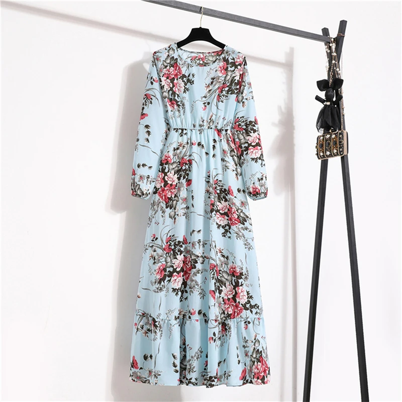 

2022 Sping Bohemian Maxi Dress Women Casual Long Sleeve Dress High Waist Beach Party Woman Chiffon Dresses Floral Vestidoes Muje