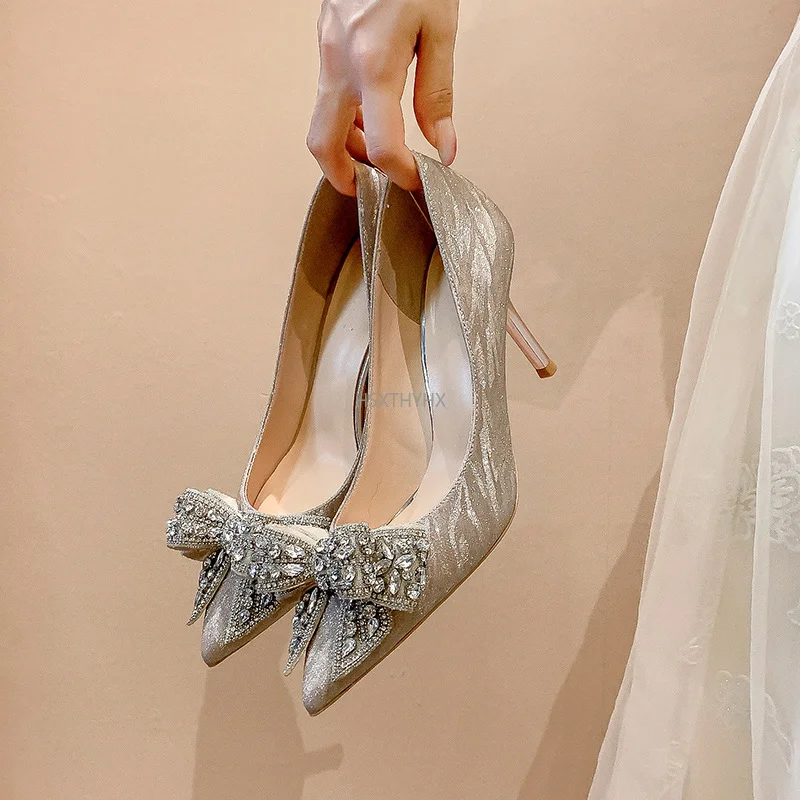 

Босоножки женские на высоком каблуке, заостренный носок, кристаллы, стразы, бант-бабочка, прозрачные модные сандалии, лето