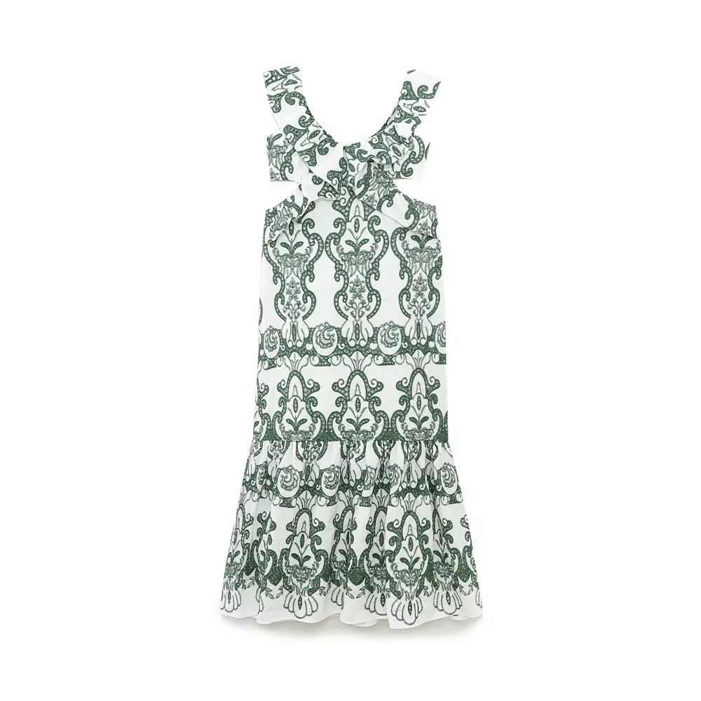

Ruffles Long Dress Women Green Print Summer Dresses Woman 2023 Backless Wide Slip Dress Ruched Midi Party Dresses