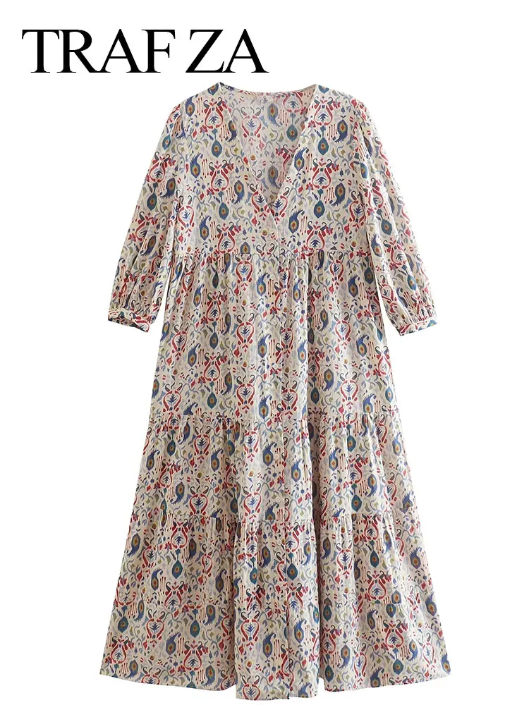 

TRAF ZA Fashion Printed V-Neck Casual Loose Dress Puff Sleeves Elegant Trend Splicing Single Breasted Commuter Street Midi Dress