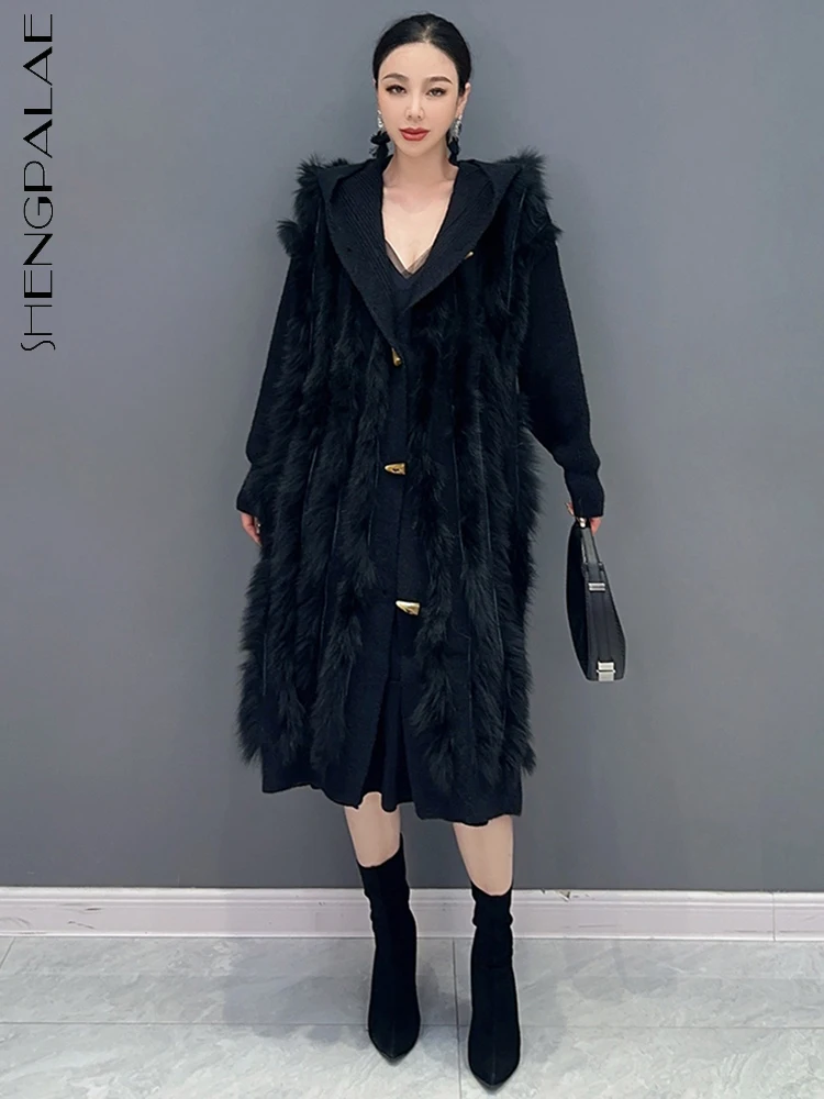 

SHENGPALAE, плюшевый вязанный тренч для женщин, темпераментный, с капюшоном, с роговыми пуговицами, однотонный Свободный кардиган, ветровка, пальто 5R6413