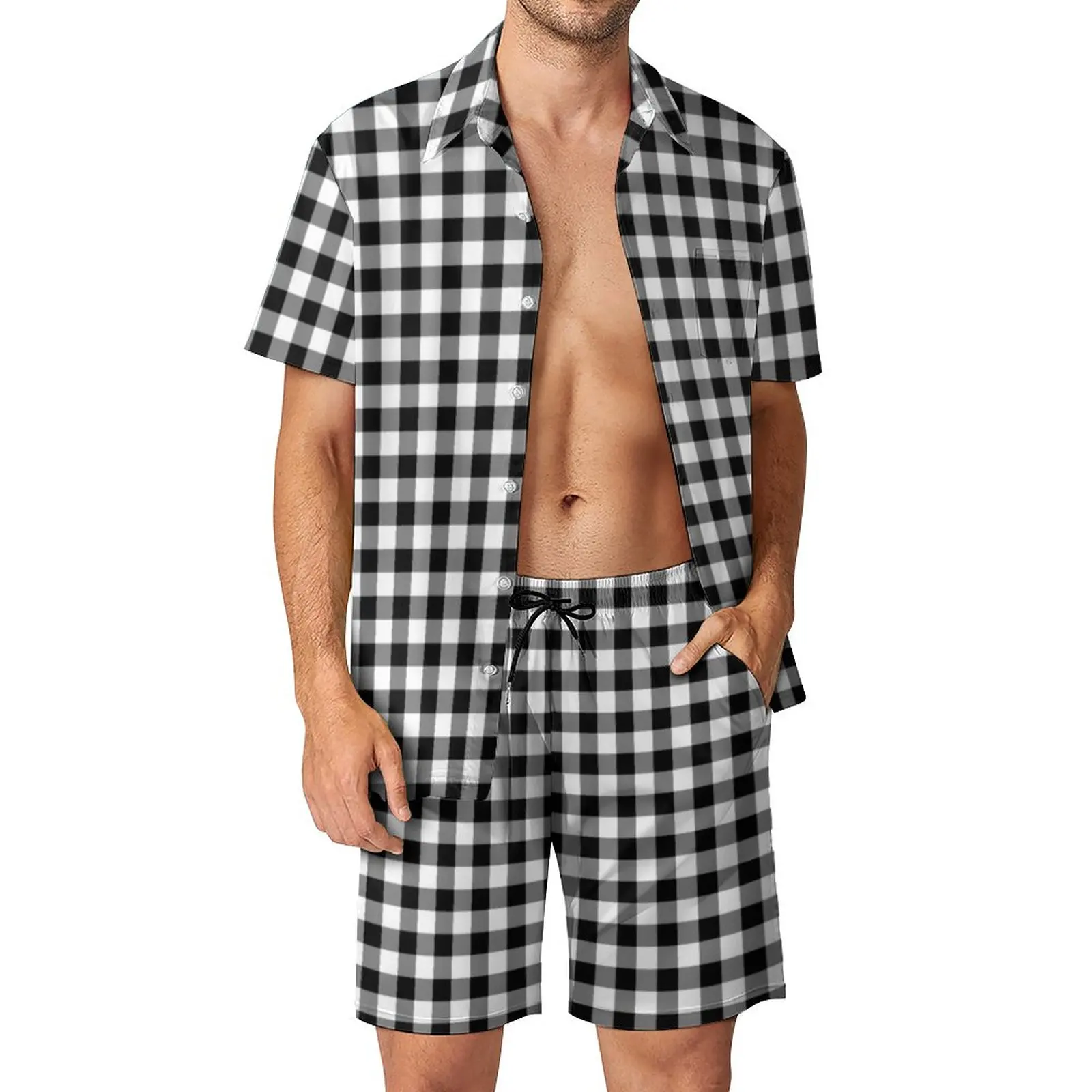 

Retro Plaid Print Men Sets Black White Checkered Casual Shirt Set Aesthetic Beachwear Shorts Summer Suit Two-piece Plus Size 3XL
