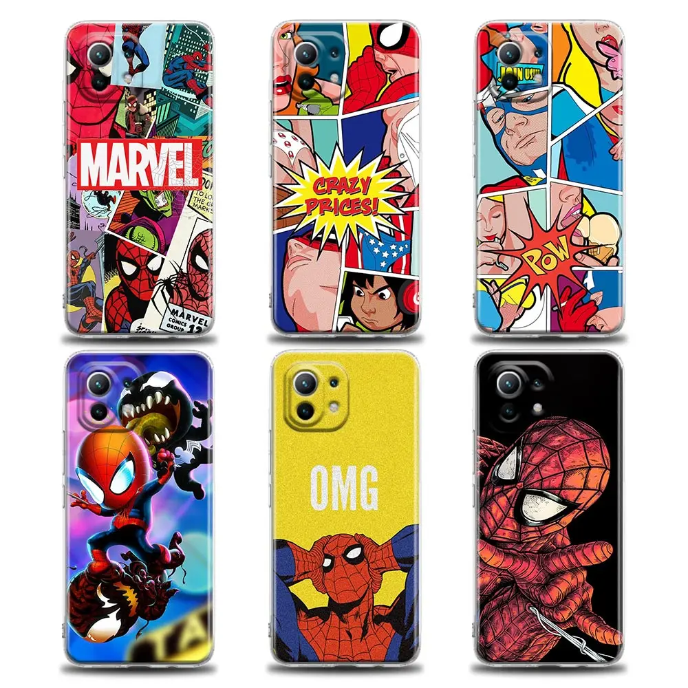 

Spiderman Comics Transparent Case For Xiaomi Mi 12 11 Lite 5G NE 12X 13 12T Pro 9T 10 For Poco X3 Pro NFC M3 F3 M5s Cover Marvel