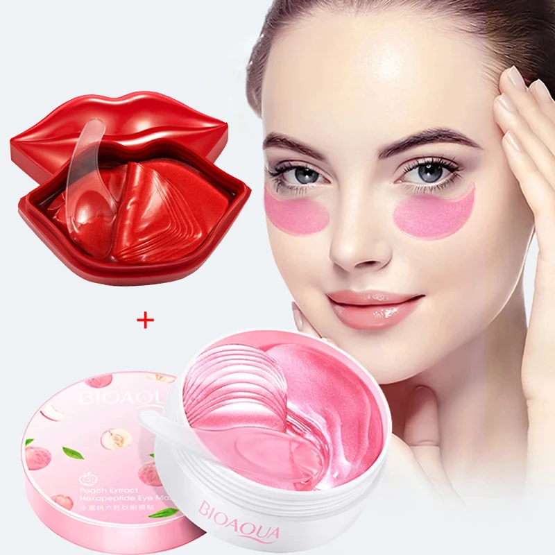 

Collagen 60Pcs Eye Patches and 20pcs Cherry Hydrating Serum Lip Mask Anti-Drying Moisturizing Lightening Nourishing Skin Care