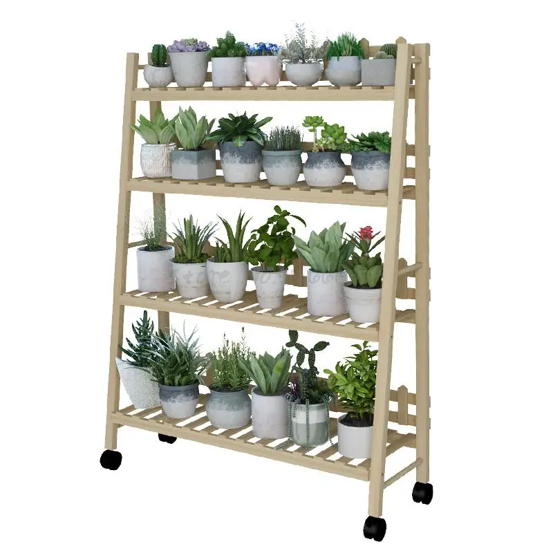 Цветочная полка из дерева многослойная комнатная зеленая для сохранения места в