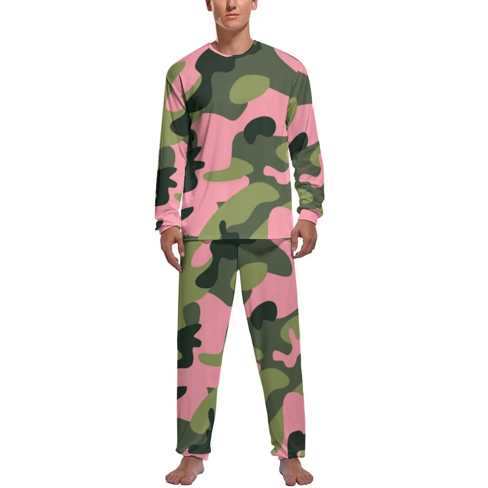 Army Camo Print Pajamas Green Pink Camouflage Men Long Sleeve Cute Pajamas Set 2 Pieces Casual Autumn Graphic Nightwear Gift