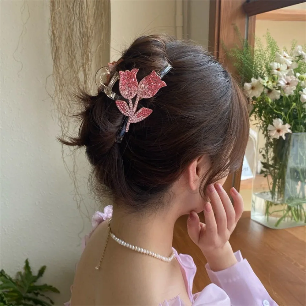 

Flower Hair Fork Elegant Autumn Japanese Rhinestone Female Hair Claw Girl's Headwear Hair Crab Clip Tulip Shark Clip