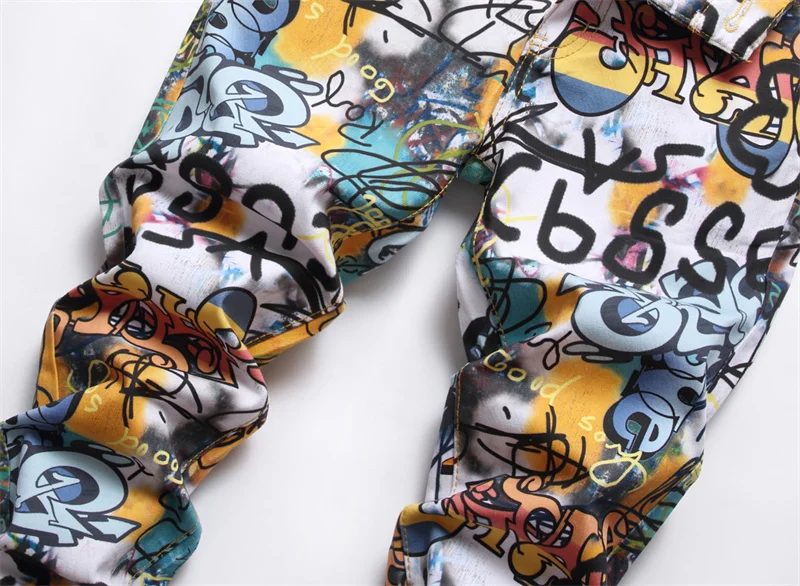 Men's Colorful Graffiti Printed Jeans Y2K Colorful Slim Fit Tapered Elastic Casual Pants Fashion Street Clothing Small Foot Pant