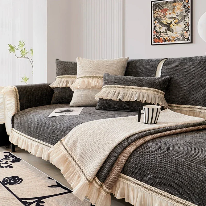 

New Chenille L Lace Edge Sofa Cover Four Seasons Universal Seat Cushion French Retro Three Person Anti Slip Mat