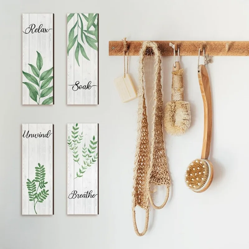 Деревянный настенный знак с зелеными листьями 4 шт.