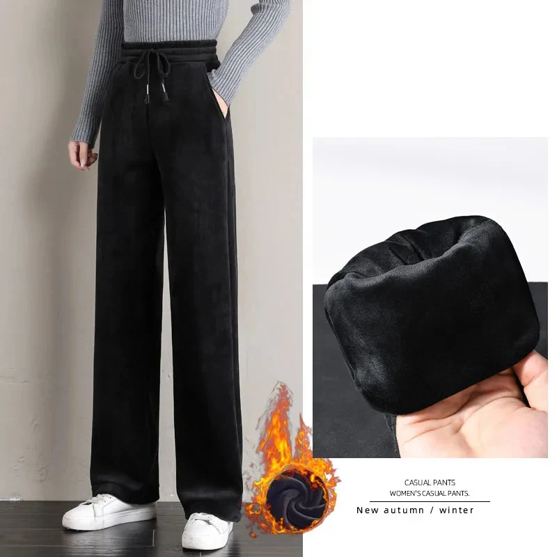 

Зимние плотные широкие брюки NORMOV с высокой талией, женские повседневные мешковатые бежевые прямые бархатные брюки, черные теплые брюки