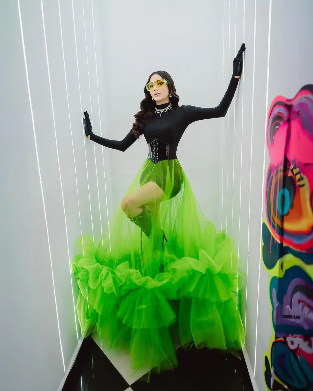 Готическая неоново-Зеленая прозрачная Тюлевая Макси-юбка длинные многоярусные