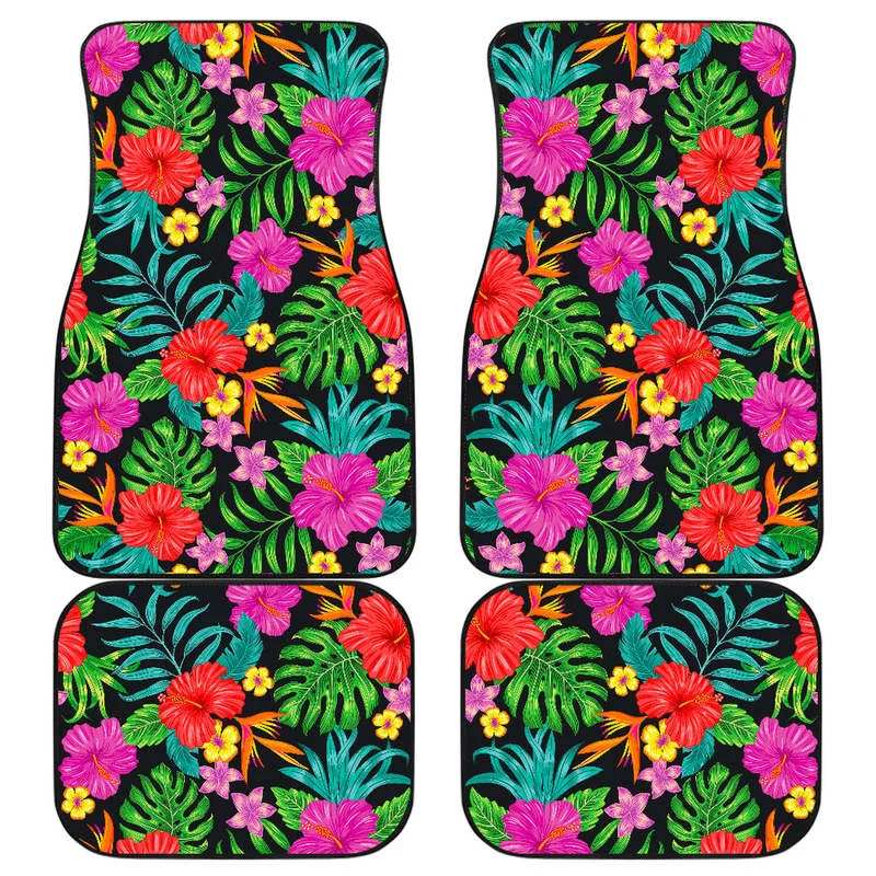 

Colorful Hibiscus Flowers Pattern Print Front and Back Car Floor Mats Heavy Carpet Front and Rear Full Set 4PCs Pack