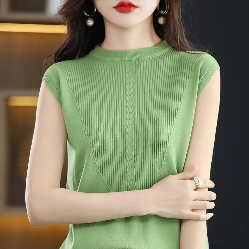 

Round Neck 2022 New Short-sleeve T-shirt Women's Knitted Bottoming Shirt Ladies Solid Color Sleeveless Top Slim Summer T-shirts