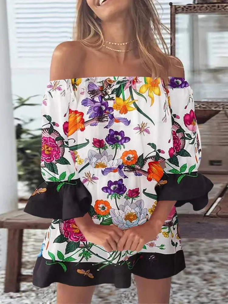 

Mini Floral Printing Dress Off Shoulder Ruffles Dress Slash Neck Ladies High Street Beach Party Dress Elegant Long Sleeve Dress