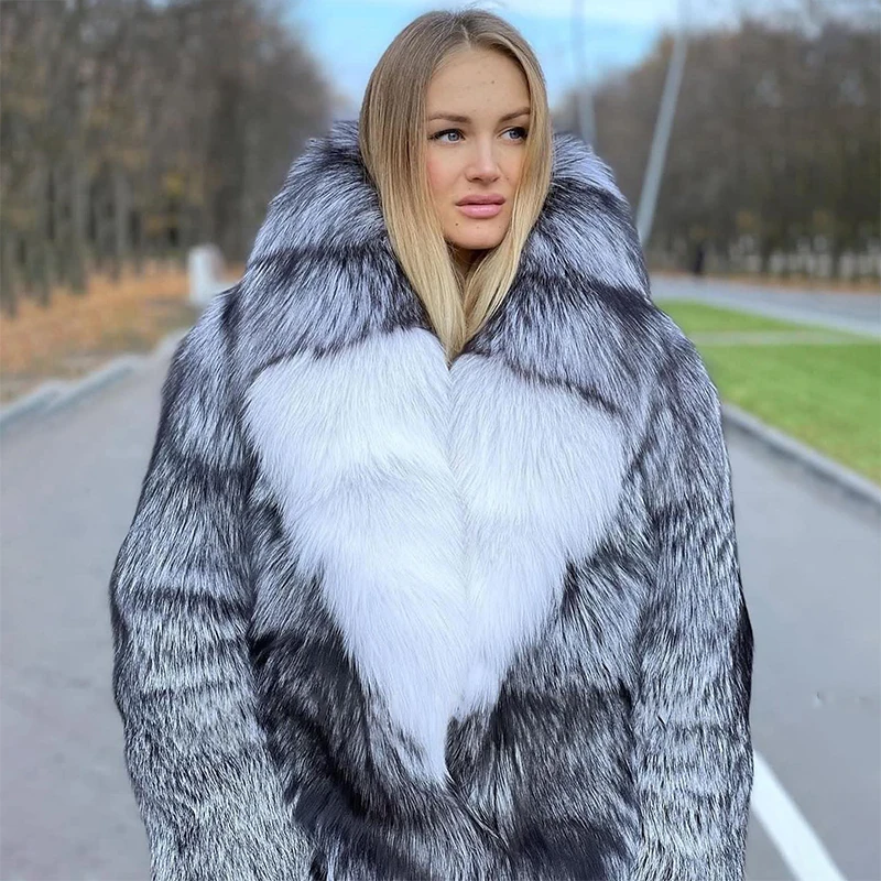 Natural Genuine Silver Fox Fur Overcoat Women Temperament Luxury Clothing Winter New Thicken Real Silver Fox fur Long Jacket
