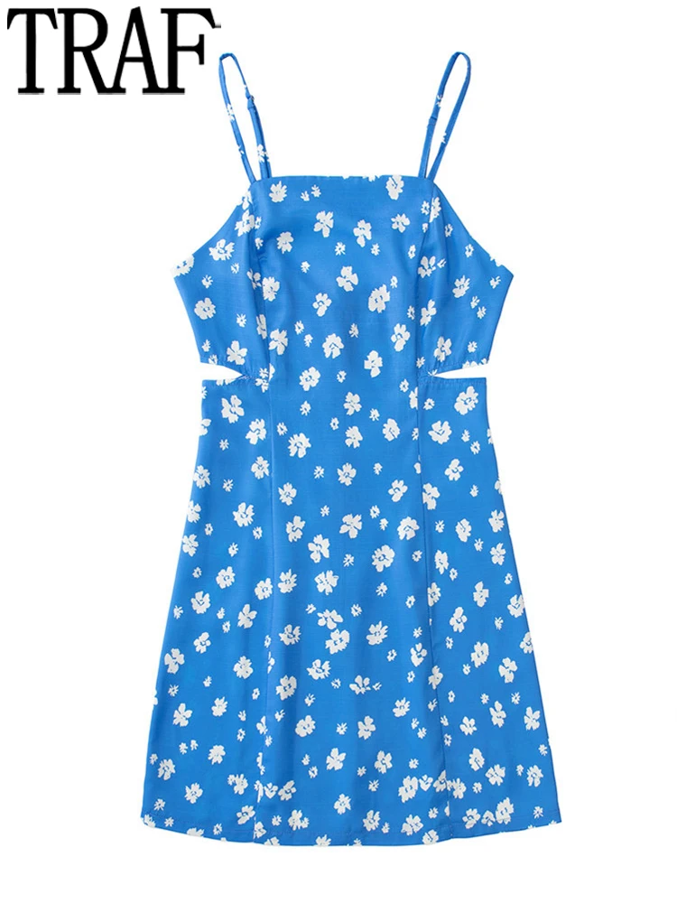 

TRAF 2022 Floral Cut Out Dress Woman Blue Slip Mini Dress Women Off Shoulder Sexy Short Dresses Backless Beach Summer Dresses